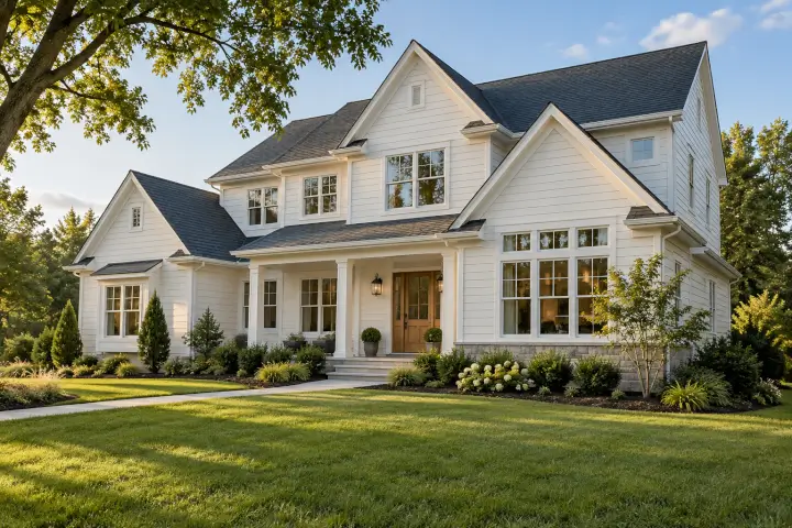 Durable charcoal shingle roof on a renovated suburban home